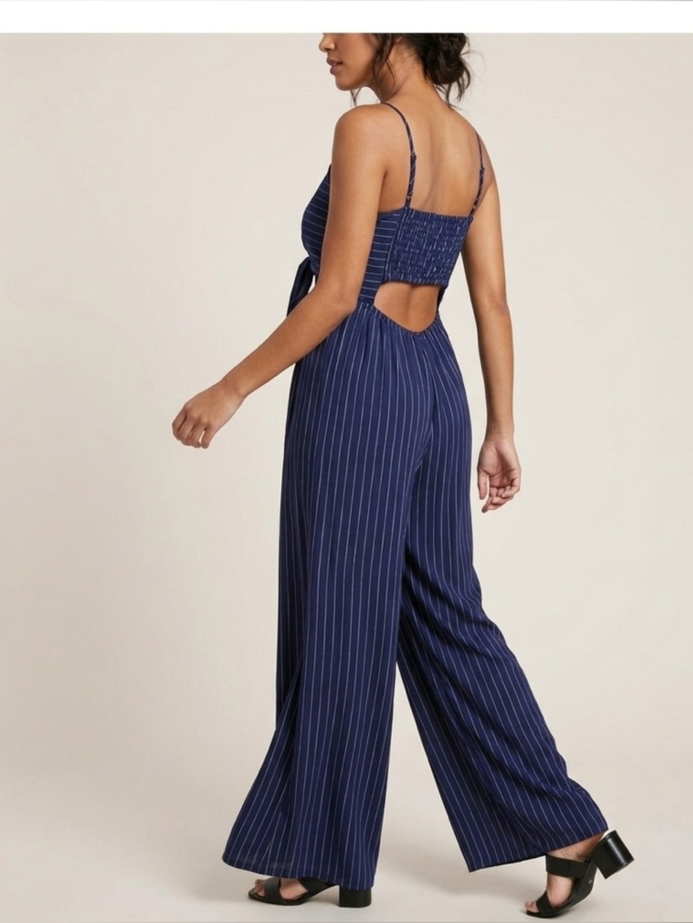 Flying Tomato Navy Pinstripe Tie Front Wide Leg Jumpsuit - Size Medium